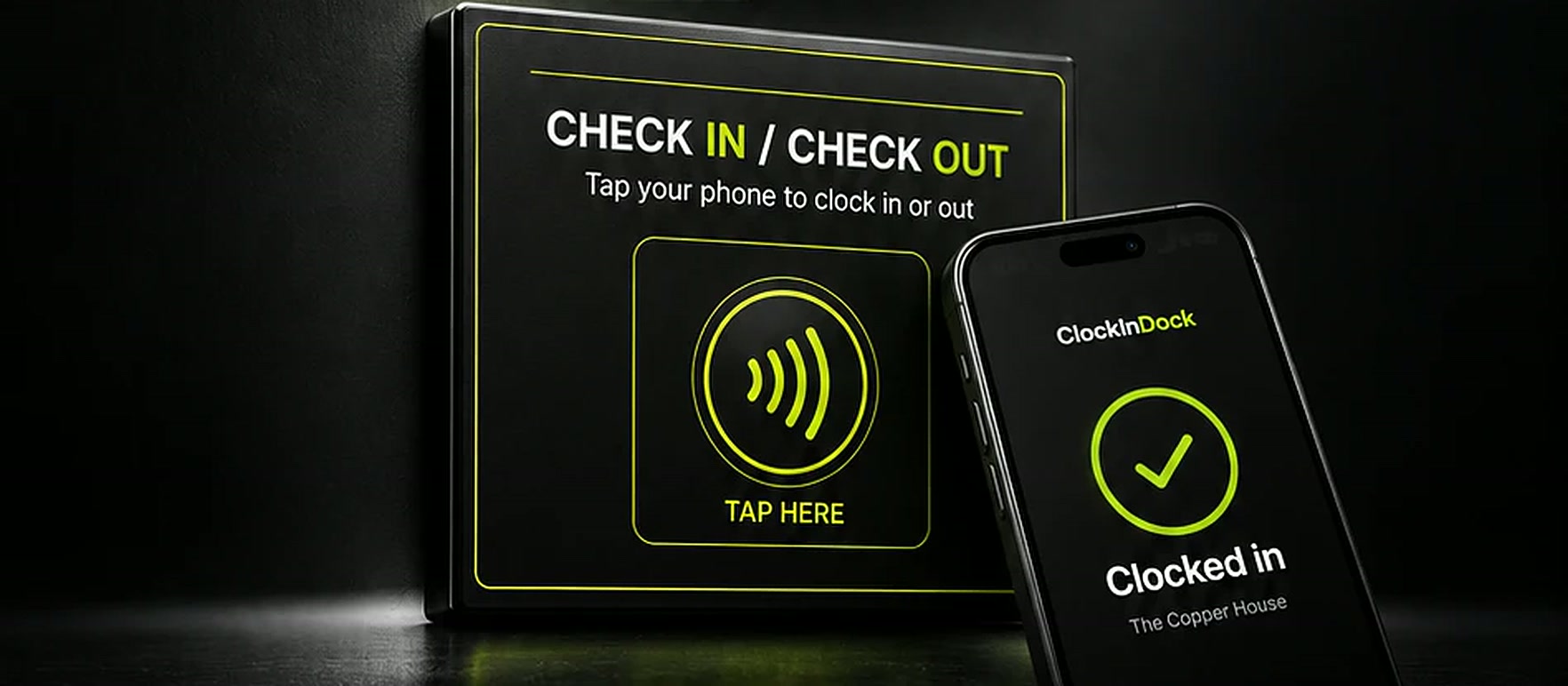The ClockIn Dock NFC chip on a wall — Check in / Check out, tap here — and a phone beside it showing Clocked in