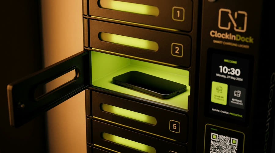 An open bay in the ClockIn Dock locker, lit lime, with a phone lying face up on the charging pad