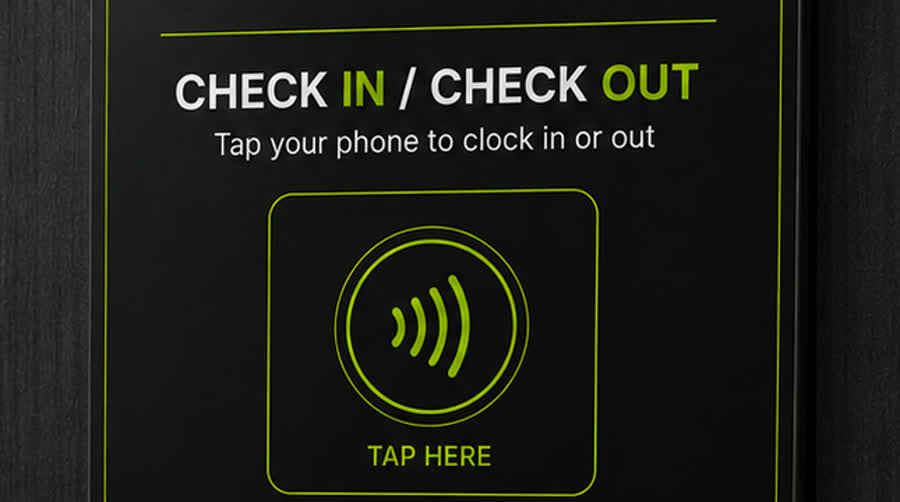 The ClockIn Dock wall plate: CHECK IN / CHECK OUT, tap your phone to clock in or out, with a contactless symbol and TAP HERE